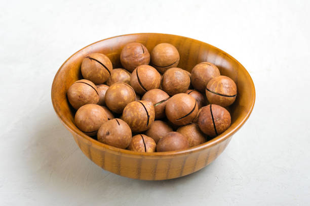 nozes de macadâmia orgânicas naturais em tigela de madeira em fundo de concreto cinza flat lay top view lanche saudável nozes com óleo essencial rico em vitaminas b, pp, muitas gorduras e alta em calorias superfood - macadamia nut - fotografias e filmes do acervo