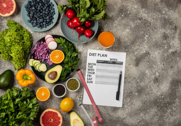 istock Diet plan and set healthy food products. Top view Copy space 1269024345