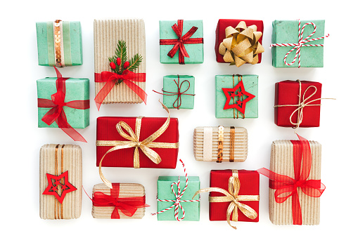 Collection of colorful Christmas presents isolated on white. Flat lay. View from above.