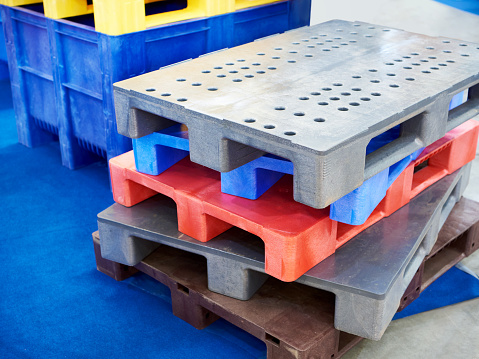 Plastic pallets at the exhibition of fishing equipment