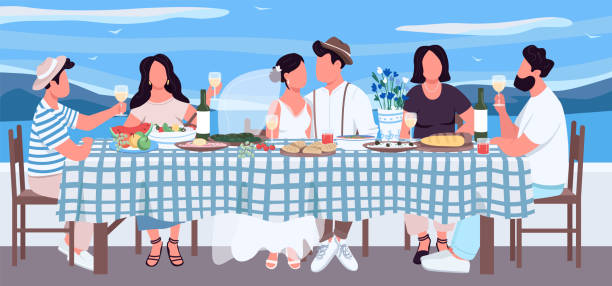 Greek wedding flat color vector illustration Greek wedding flat color vector illustration. Groom and bride at table with friends. Banquet for festive dinner. Celebrate together. Relative 2D cartoon characters with landscape on background crete cartoon stock illustrations