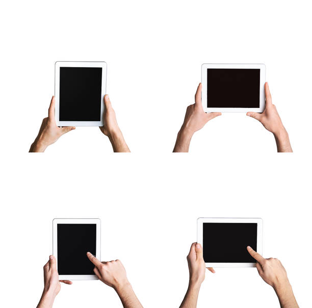 istock Set of male hands showing tablet computers with blank screen, white isolated background, space for design 1269028493