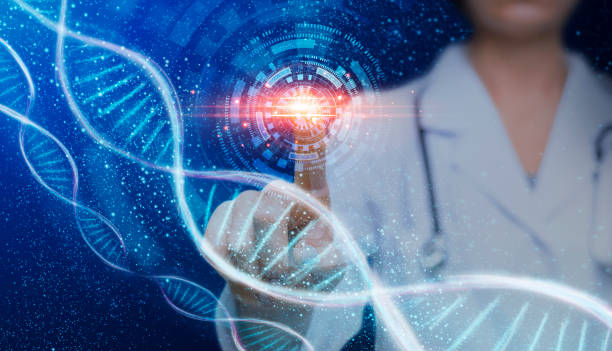 istock Genetics science and medicine. Female doctor's hand touching virtual screen with DNA molecules, collage 1269029906