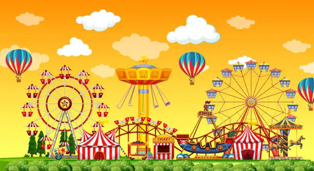 Vector illustration of Amusement park scene at daytime with balloons in the sky