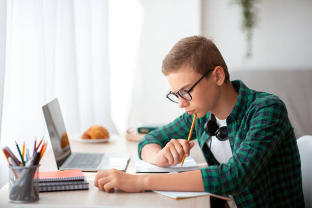 istock Intelligent schooler working hard on homework, online education 1269031339