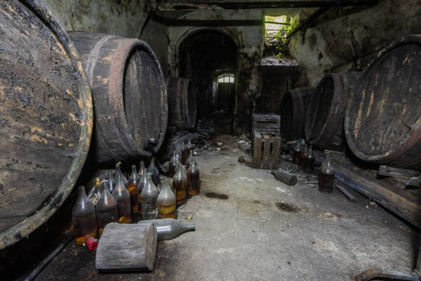 istock vine barrels and full bottles with vine 1269033281