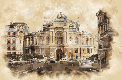 Exterior of famous opera theater in Odessa, Ukraine. Sketch drawing