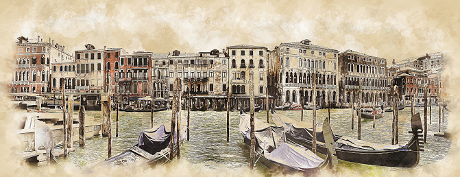 Panoramic view of Venetian Grand Canal with gondolas, sketch drawing. Colorful old medieval houses over a canal in Venice, Italy, painting