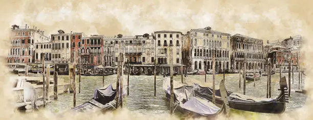 Photo of Panoramic view of Venetian Grand Canal, sketch drawing