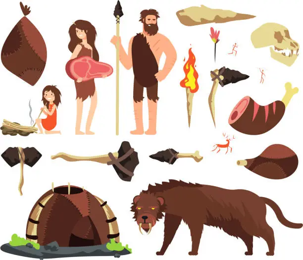 Vector illustration of Stone age caveman. Hunting neolithic people, mammoth and prehistoric tools. Vector cartoon ancient human characters