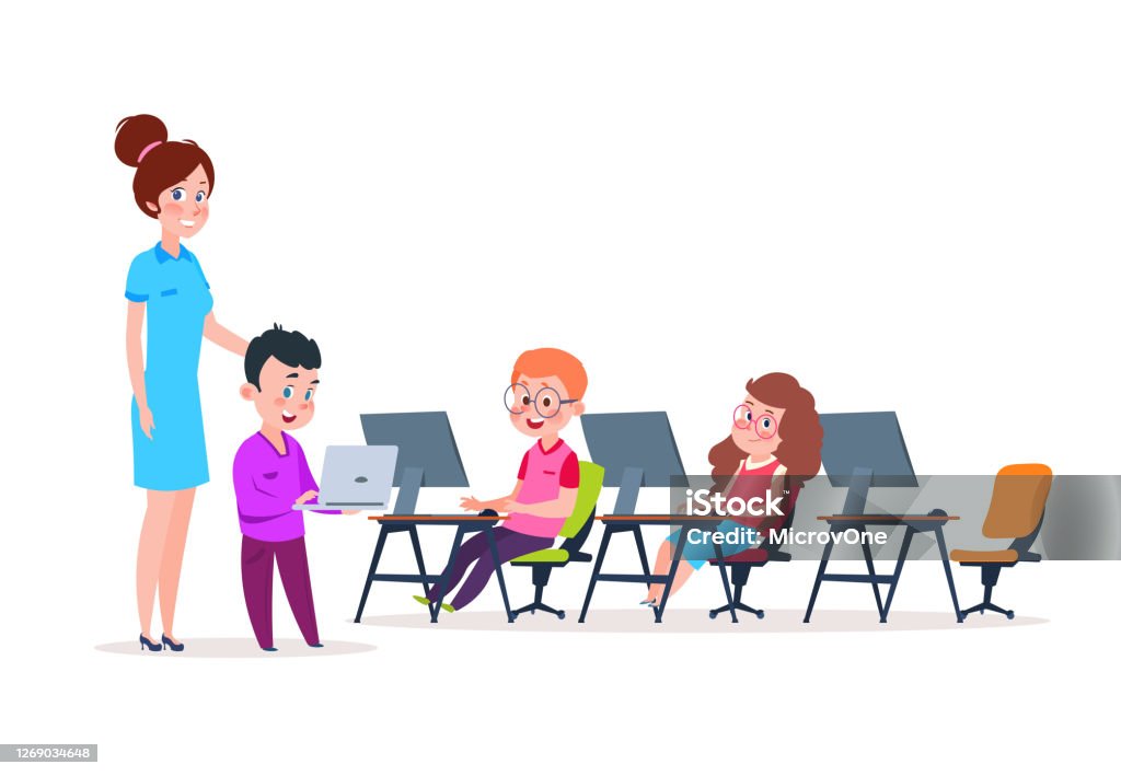 Kids In Computer Lab School Children Coding At Computers Cartoon Boys And  Girs Learning New Technology Education Vector Concept Stock Illustration -  Download Image Now - iStock