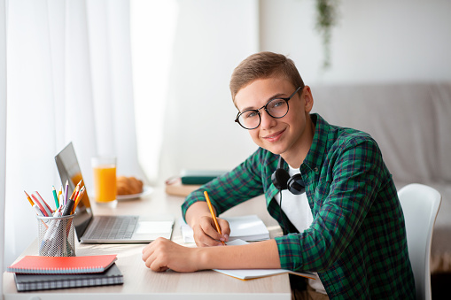 Happy teen guy doing homework at home, side view, empty space