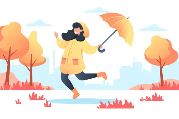 Vector illustration of Happy woman in a yellow raincoat with an umbrella in her hands walks in the autumn park. Vector illustration for web design