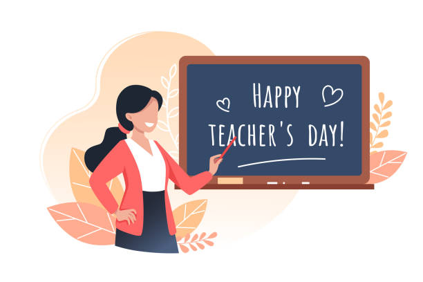 счастливый день учителей, молодая женщина учитель держит указатель и стоит возле школьной доски, вектор иллюстрации - с днем учителя stock illustrations