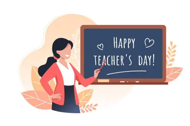 Vector illustration of Happy teachers day, young woman teacher holds a pointer and stands near the school board, vector illustration