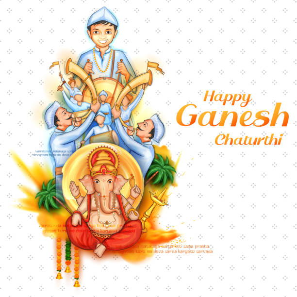 hindusi świętujący lorda ganpatia na festiwalu ganesh chaturthi w indiach - ganesha indian culture india vector stock illustrations