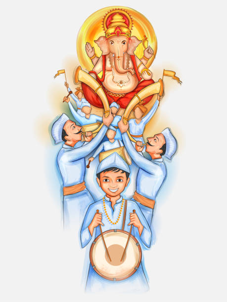 hindusi świętujący lorda ganpatia na festiwalu ganesh chaturthi w indiach - ganesha indian culture india vector stock illustrations