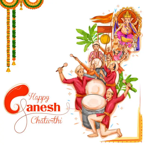 Vector illustration of Indian people celebrating Lord Ganpati background for Ganesh Chaturthi festival of India