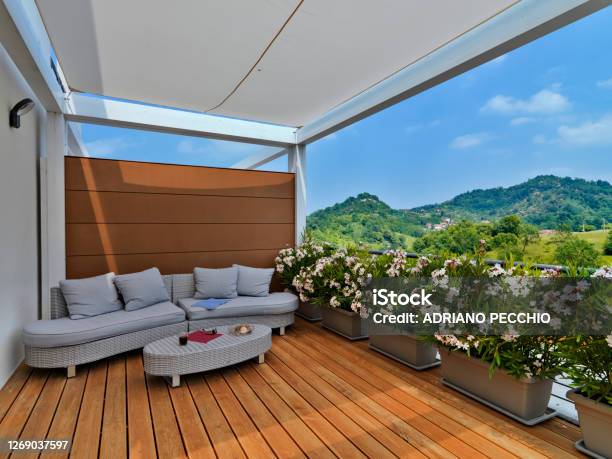 Modern Rattans Divan With Pillows In The Terrace Stock Photo - Download Image Now - Patio, Building Terrace, Italy