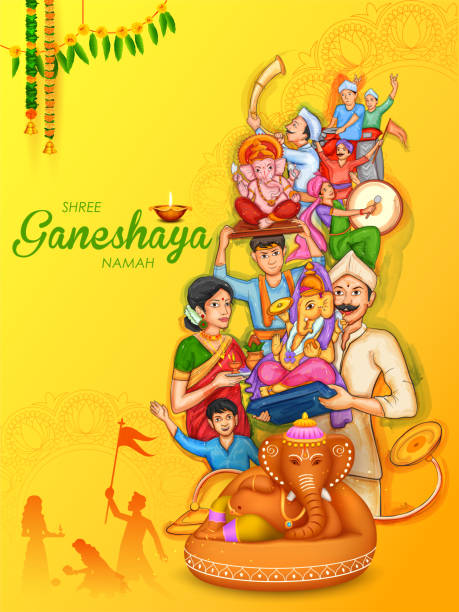 ilustrações, clipart, desenhos animados e ícones de indianos celebrando o passado de lord ganpati para o festival ganesh chaturthi da índia - ganesh festival