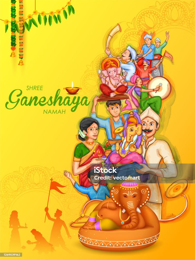 Indian People Celebrating Lord Ganpati Background For Ganesh Chaturthi  Festival Of India Stock Illustration - Download Image Now - iStock