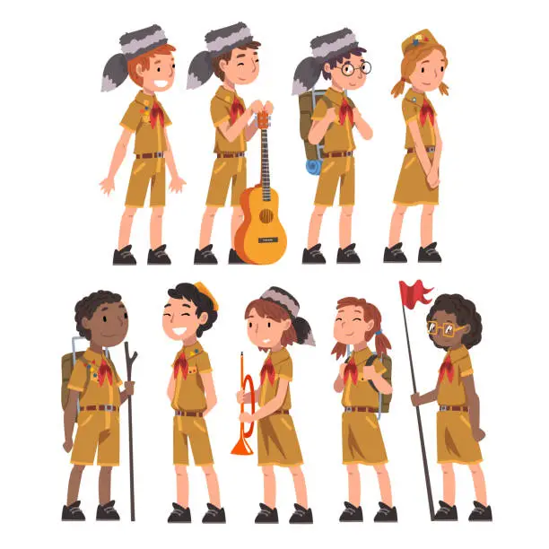 Vector illustration of Scouts Boys and Girls Set, Scouting Kids Characters Wearing Uniform and Red Neckerchiefs, Summer Camp Activities Vector Illustration