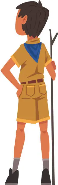Vector illustration of Back View of Scout Boy with Wooden Stick, Scouting Kid Character Wearing Uniform and Blue Neckerchief, Summer Camp Activities Vector Illustration