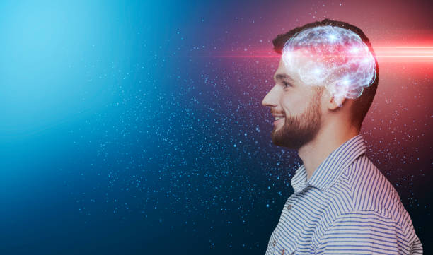 istock Side view portrait of smiling millennial man with shining brain 1269044035