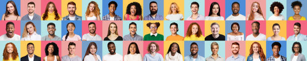 istock Set Of Different People Faces On Colorful Studio Backgrounds 1269044106