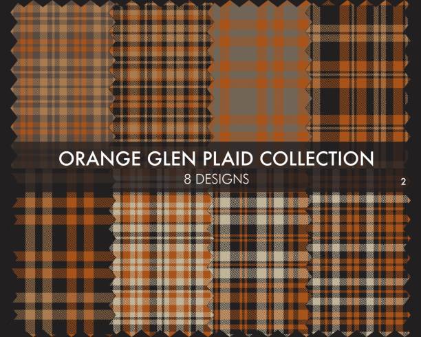 illustrazioni stock, clip art, cartoni animati e icone di tendenza di orange glen plaid tartan seamless pattern collection - spring decoration orange series