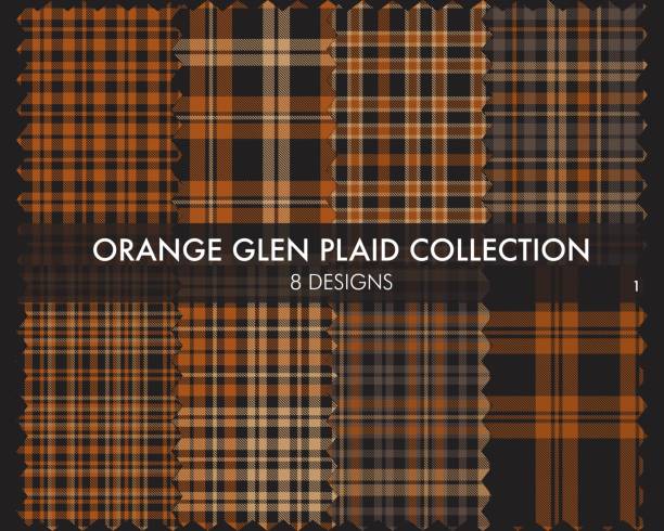 illustrazioni stock, clip art, cartoni animati e icone di tendenza di orange glen plaid tartan seamless pattern collection - spring decoration orange series