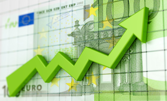 Success business chart with green arrow up and Euro money background. Profit and money. Financial and business graph. Stock market growth 3d illustration.