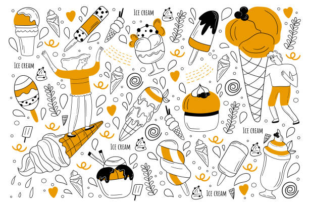 Ice cream doodle set Ice cream doodle set. Collection of hand drawn sketches templates of sundae balls and waffle cone or junk food licking. Unhealthy nutrition or summer meal illustration. licking ice cream cone stock illustrations