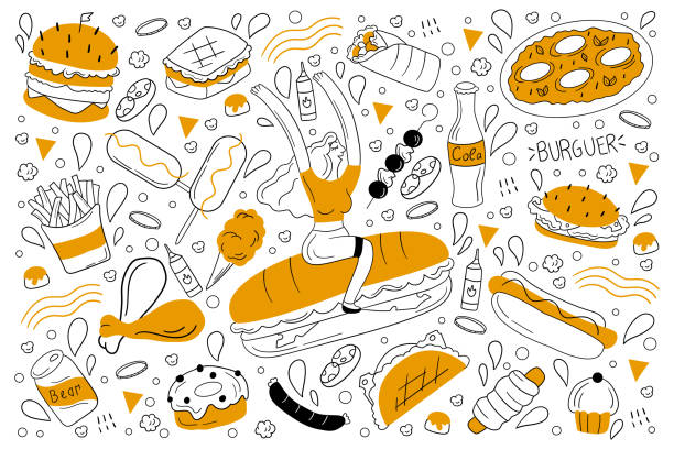 ilustrações, clipart, desenhos animados e ícones de conjunto de doodle fast food - hot dog snack food ketchup