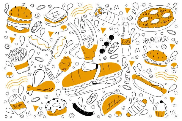 Vector illustration of Fast food doodle set