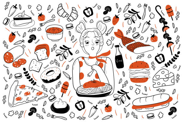essen doodle set - tea sausage stock-grafiken, -clipart, -cartoons und -symbole