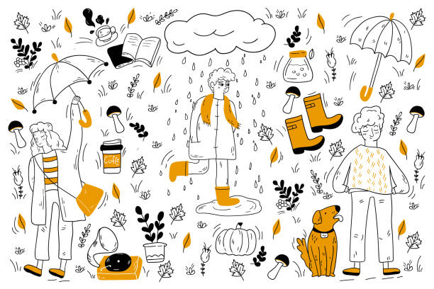 ilustraciones, imágenes clip art, dibujos animados e iconos de stock de conjunto de garóculas de otoño - cloud drawing heat cold