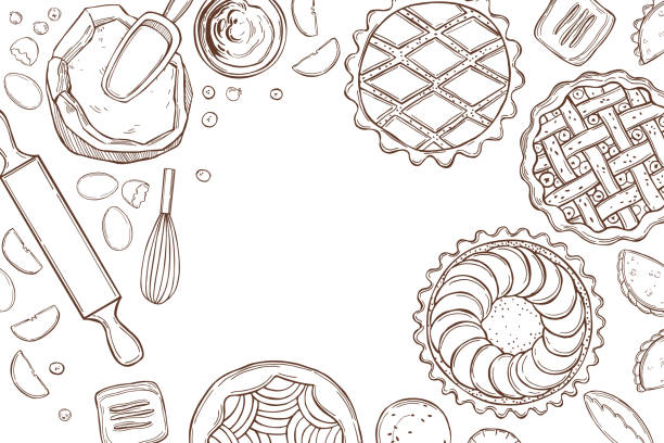 ilustraciones, imágenes clip art, dibujos animados e iconos de stock de utensilios de cocina para hornear pasteles.  ilustración vectorial. - tarta postre