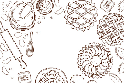 Hand drawn kitchenware  for baking pies. Vector background.