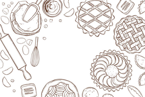 Kitchenware  for baking pies.  Vector  illustration. Hand drawn kitchenware  for baking pies. Vector background. dessert pie stock illustrations