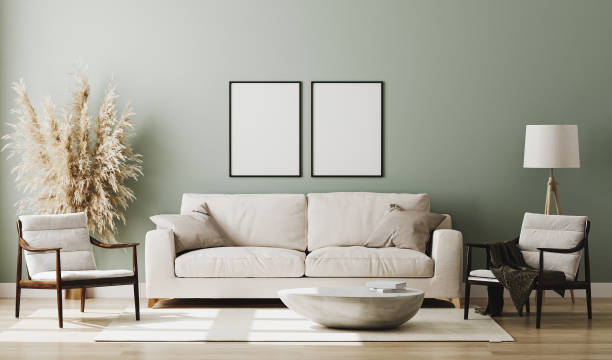 istock Blank picture frame mock up in pastel green room interior , 3d rendering 1269063441