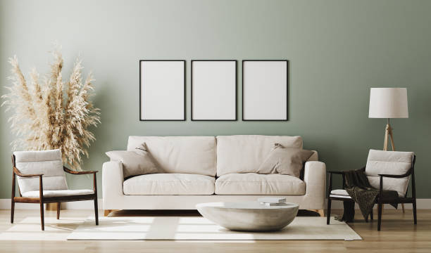 istock Blank picture frame mock up in pastel green room interior , 3d rendering 1269063446