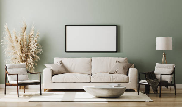 istock Blank picture frame mock up in pastel green room interior , 3d rendering 1269063451