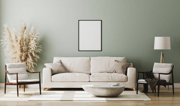 istock Blank picture frame mock up in pastel green room interior , 3d rendering 1269063457