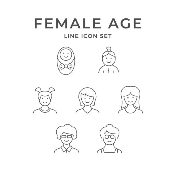 illustrazioni stock, clip art, cartoni animati e icone di tendenza di impostare le icone di linea dell'età femminile - aging process silhouette child women