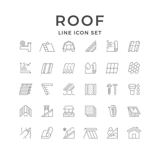 Set line outline icons of roof Set line outline icons of roof isolated on white. House construction, different types of tile, insulation, attic ladder, ventilation pipe, chimney, sealant, construction service. Vector illustration patio cover stock illustrations