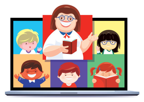 учитель обучения детей через ноутбук - classroom technology internet schoolboy stock illustrations