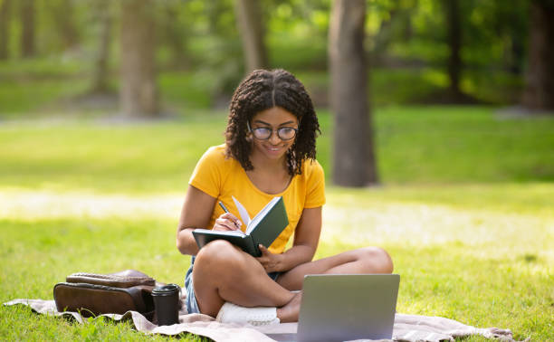 ragazza nera millenaria focalizzata che scrive qualcosa nel taccuino vicino al computer portatile al parco - vacations holiday internet summer foto e immagini stock