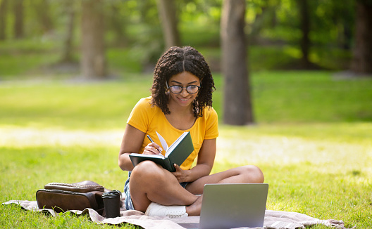 Focused millennial black girl writing something in notebook near laptop computer at park, panorama