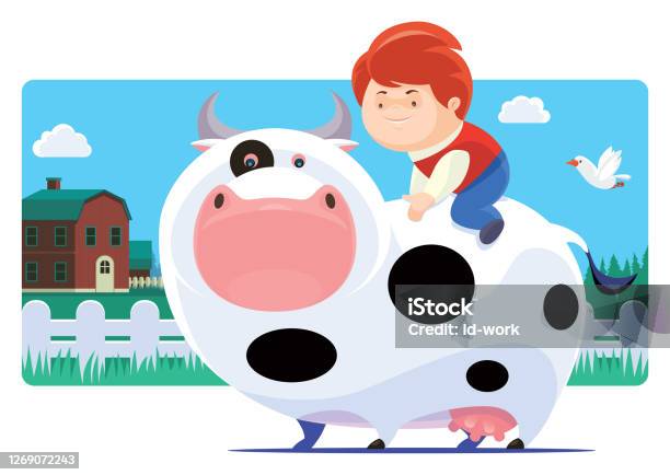 Boy Riding A Cow Happy Boy Riding On Cow Stock Illustration - Download Image Now ...